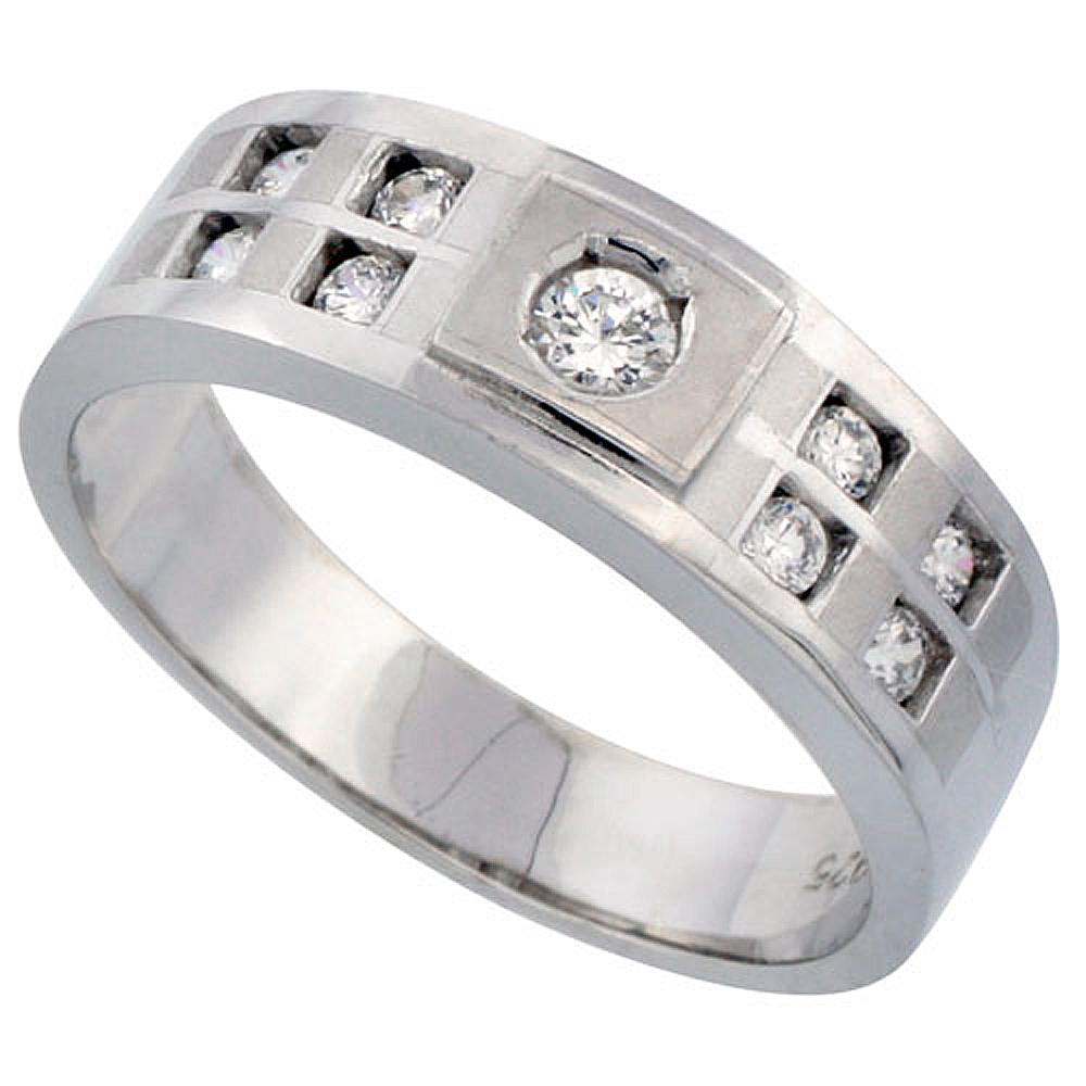 Sterling Silver Men&#039;s Wedding Ring CZ Stones Rhodium Finish, 9/32 in. 7 mm, sizes 8 to 14