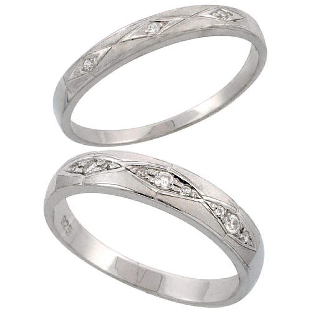 Sterling Silver 2-Piece His 4.5 mm &amp; Hers 3 mm Wedding Ring Set CZ Stones Rhodium Finish, Ladies sizes 5 - 10, Mens sizes 8 - 14