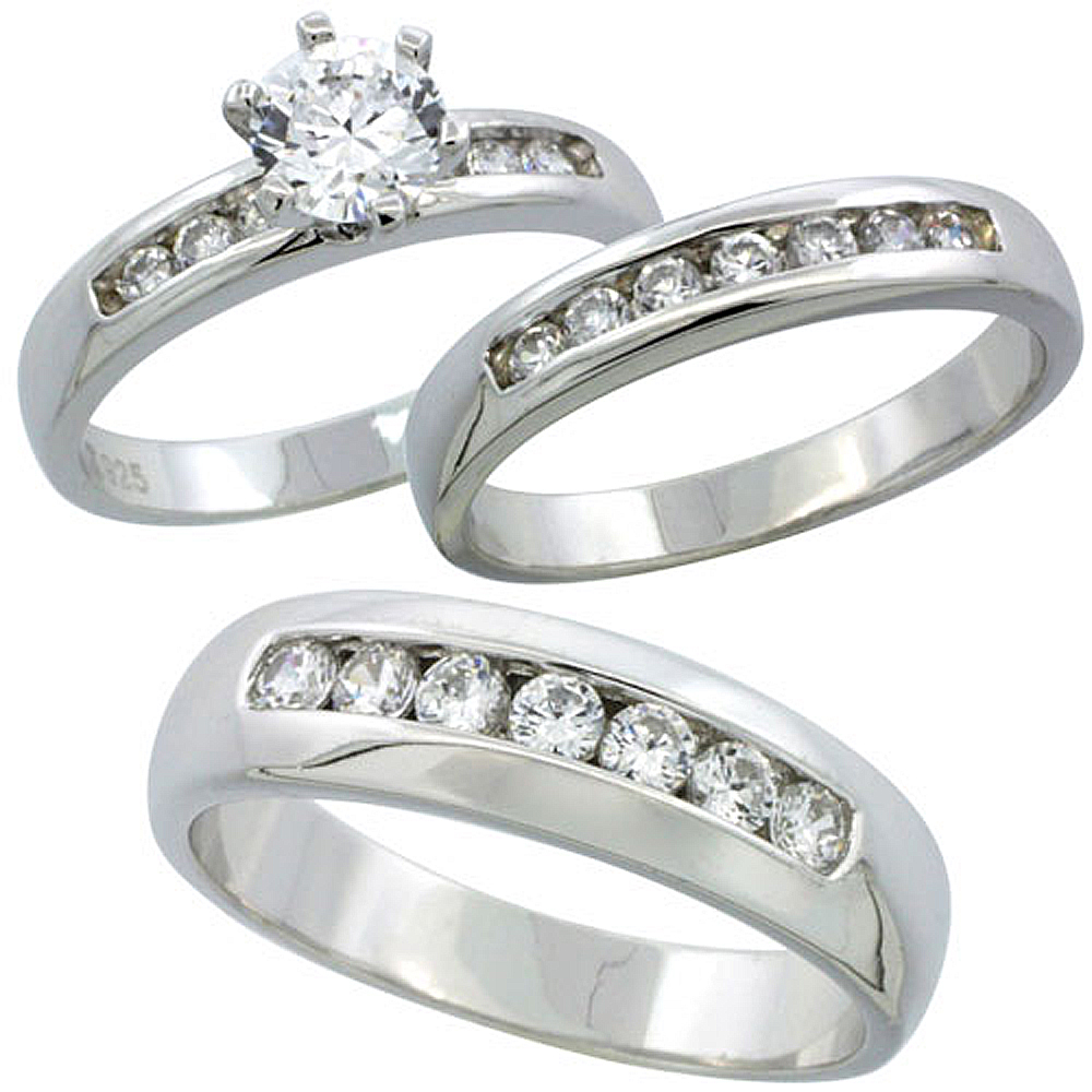 Sterling Silver Cubic Zirconia Trio Engagement Wedding Ring Set for Him and Her 6 mm Classic Channel Set, L 5 - 10 &amp; M 8 - 14