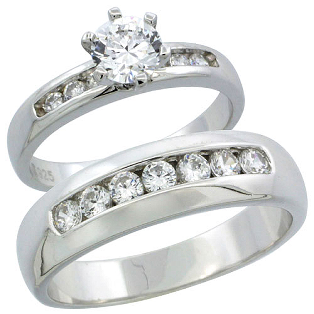 Sterling Silver Cubic Zirconia Engagement Rings Set for Him &amp; Her Classic Channel Set 6mm Man&#039;s Wedding Band )