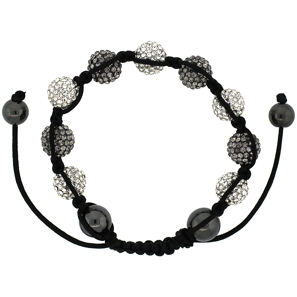 10mm Shamballa Inspired White & Gray Crystal Ball Bracelet Tibetan Macrame with Hematite Beads, 7- 8 inch