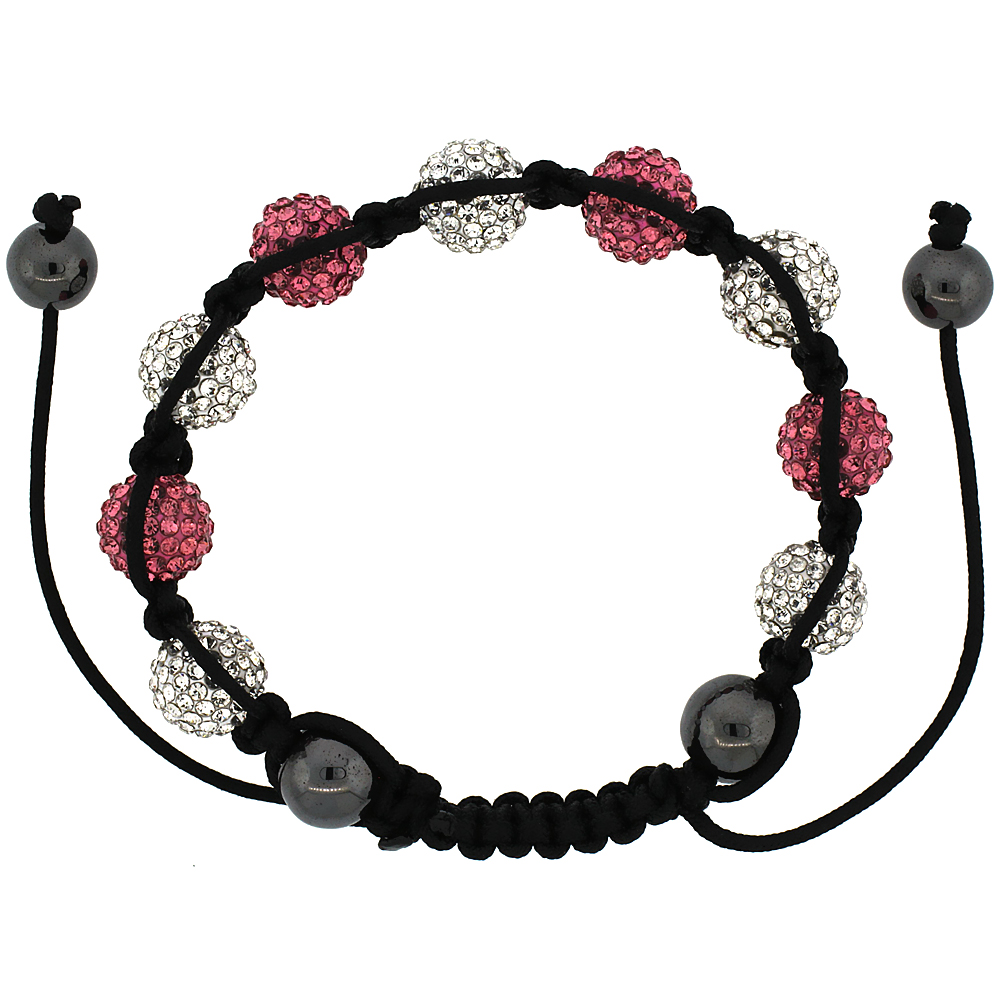 10mm Shamballa Inspired White & Pink Crystal Ball Bracelet Tibetan Macrame with Hematite Beads, 7- 8 inch