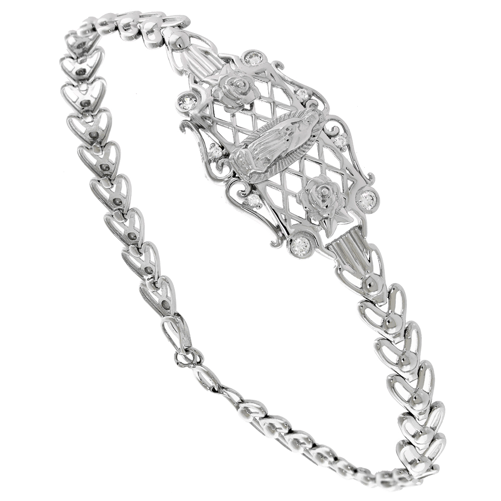 Sterling Silver Lady of Guadalupe Bracelet for Women Rectangular Lattice Back Scrolled Border 2 Rosebuds Chevron Links Rhodium Finish 7 inch