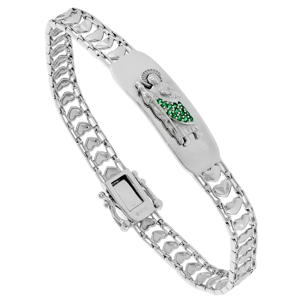 Sterling Silver Green CZ Saint Jude ID Bracelet for Women Hearts Link 6.5mm Box Clasp Rhodium Finish 7 inch