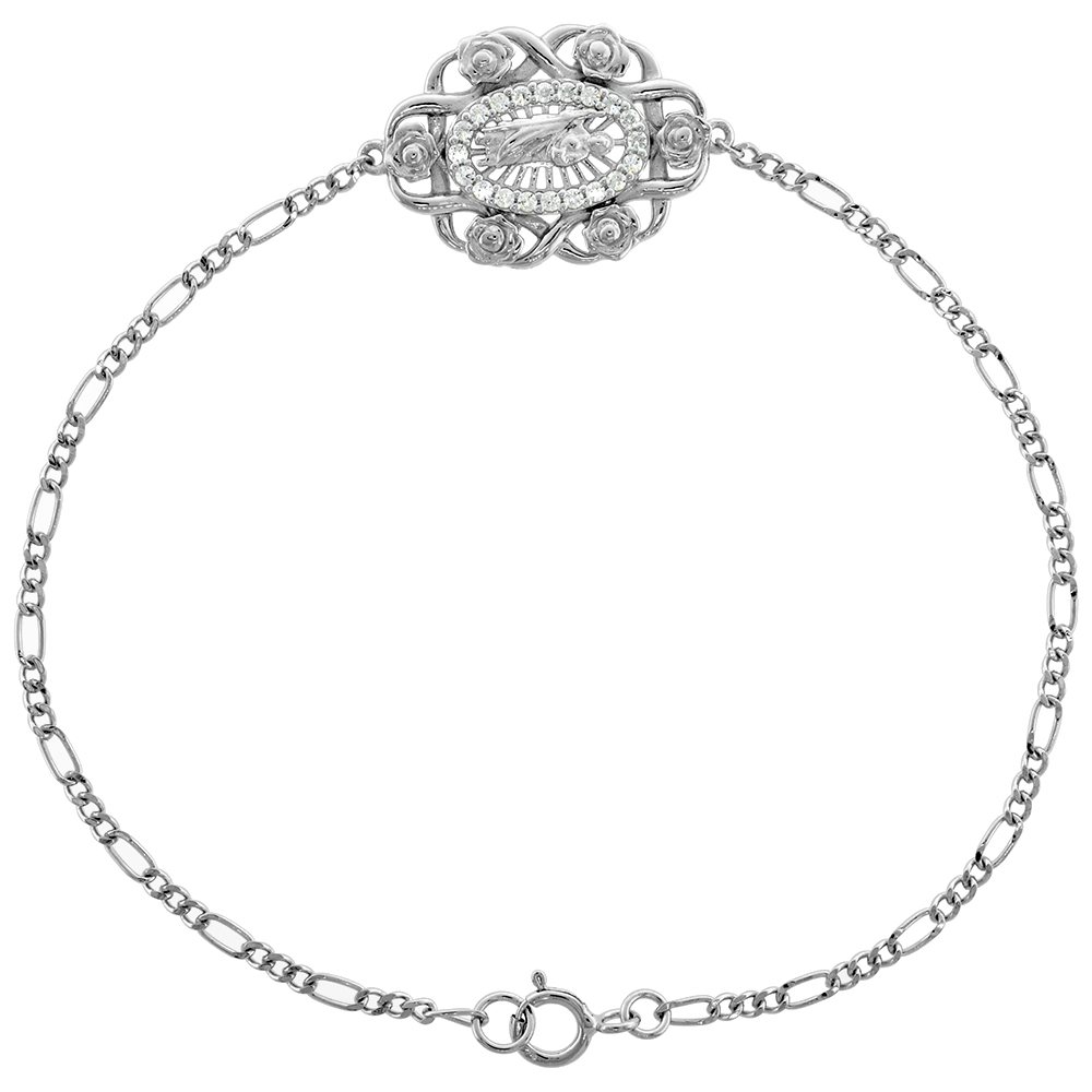 Sterling Silver Roses Border St Jude Bracelet for Women with 2mm Figaro Link Rhodium Finish 7 inch