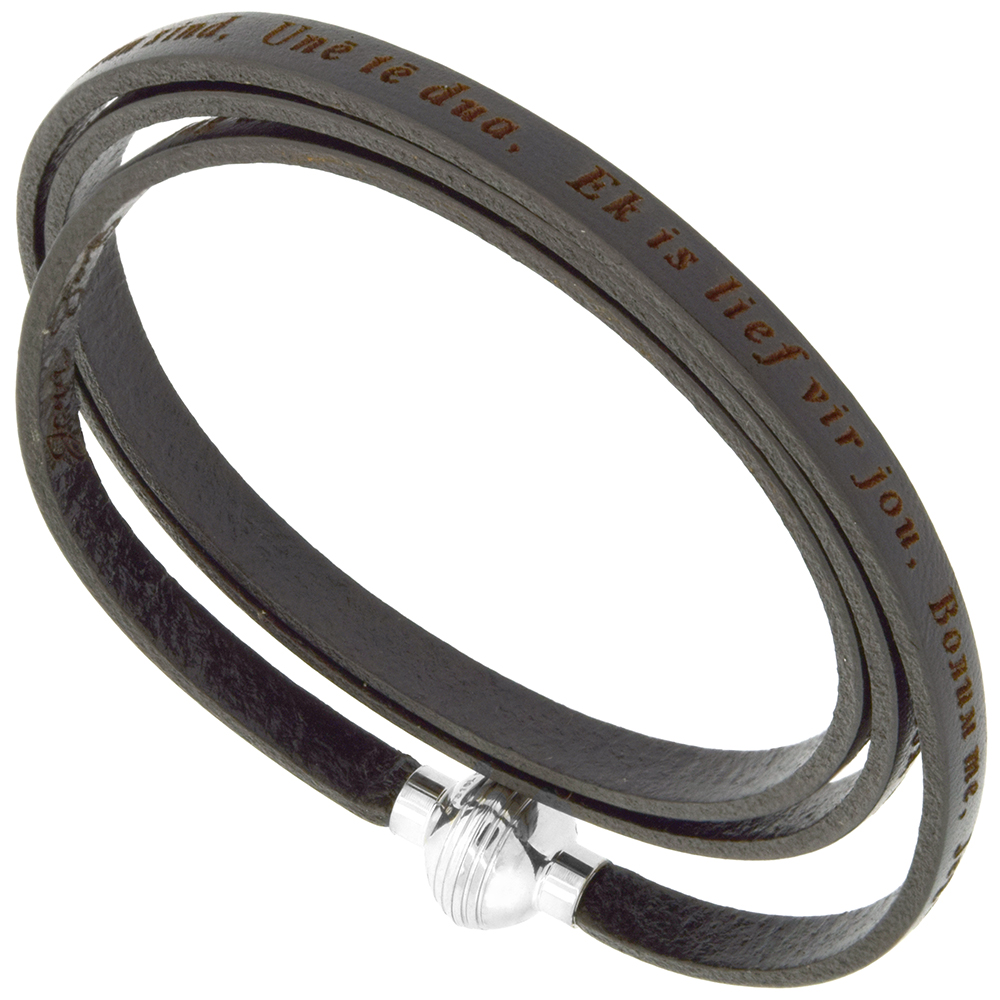 Italian Full Grain 3 Wrap Black Leather I Love You Bracelet Stainless Steel Magnetic Clasp 22.5 Inch