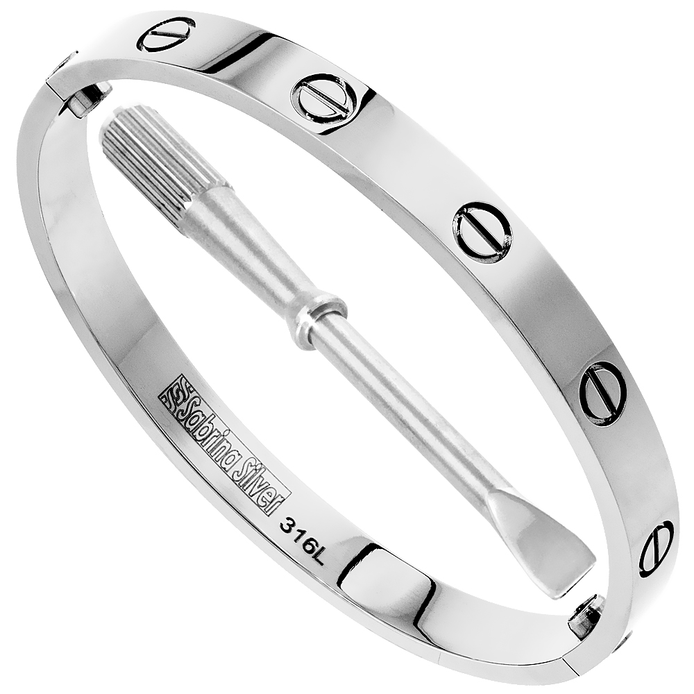 Stainless Steel Screws Bangle Bracelet for Women Oval High Polish 7mm wide, fits 7 inch wrists