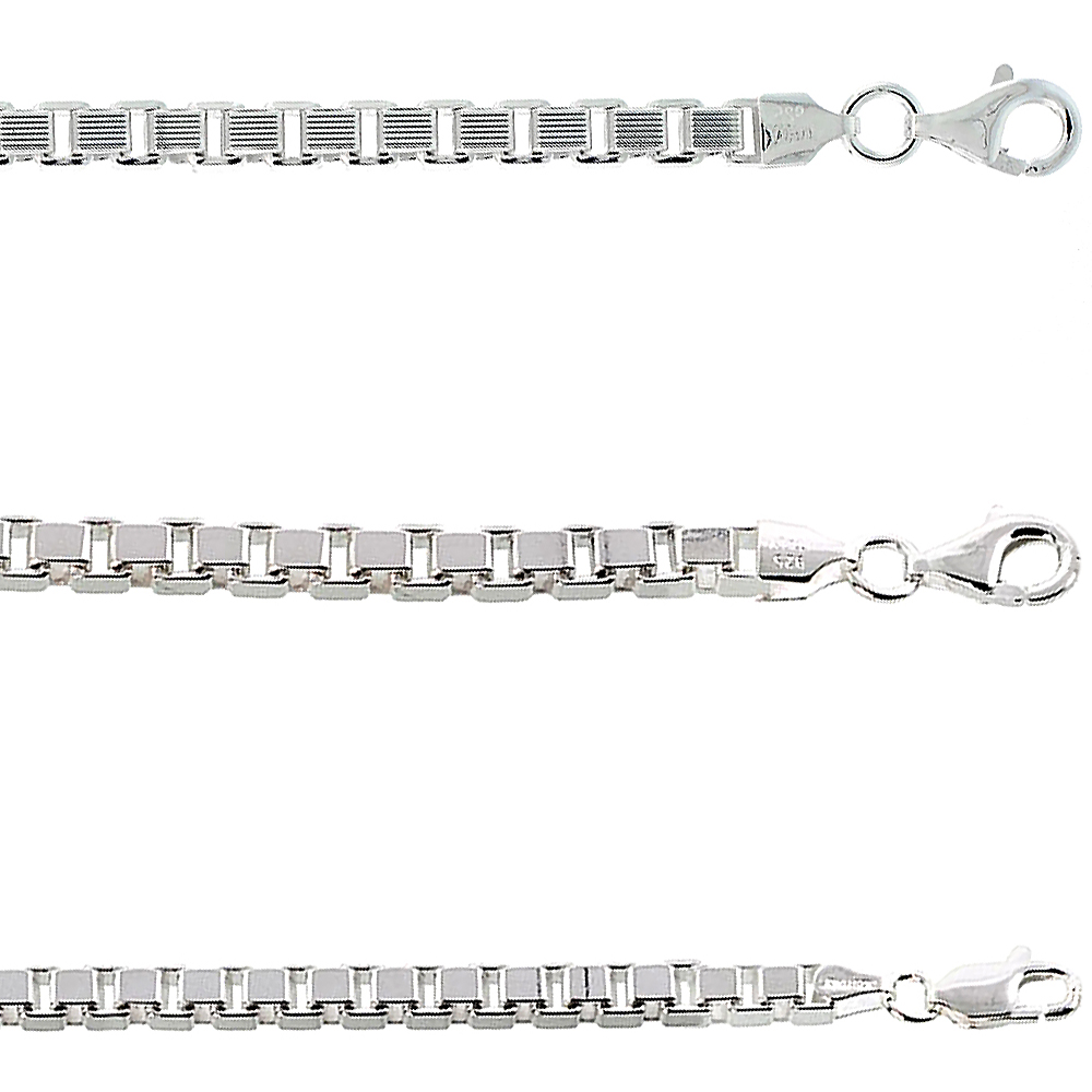 Sterling Silver BOX Chain Necklaces &amp; Bracelets 3mm Square Cut Nickel Free Italy, sizes 7 - 30 inch