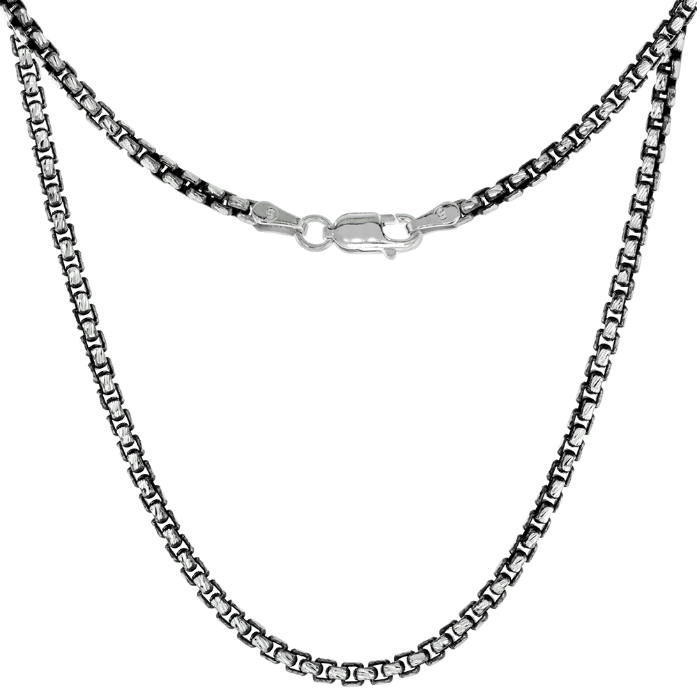 Sterling Silver ROUND BOX Chain Necklace 2.5mm Black 2-tone Diamond Cut Nickel Free Italy, 20 & 24 inch