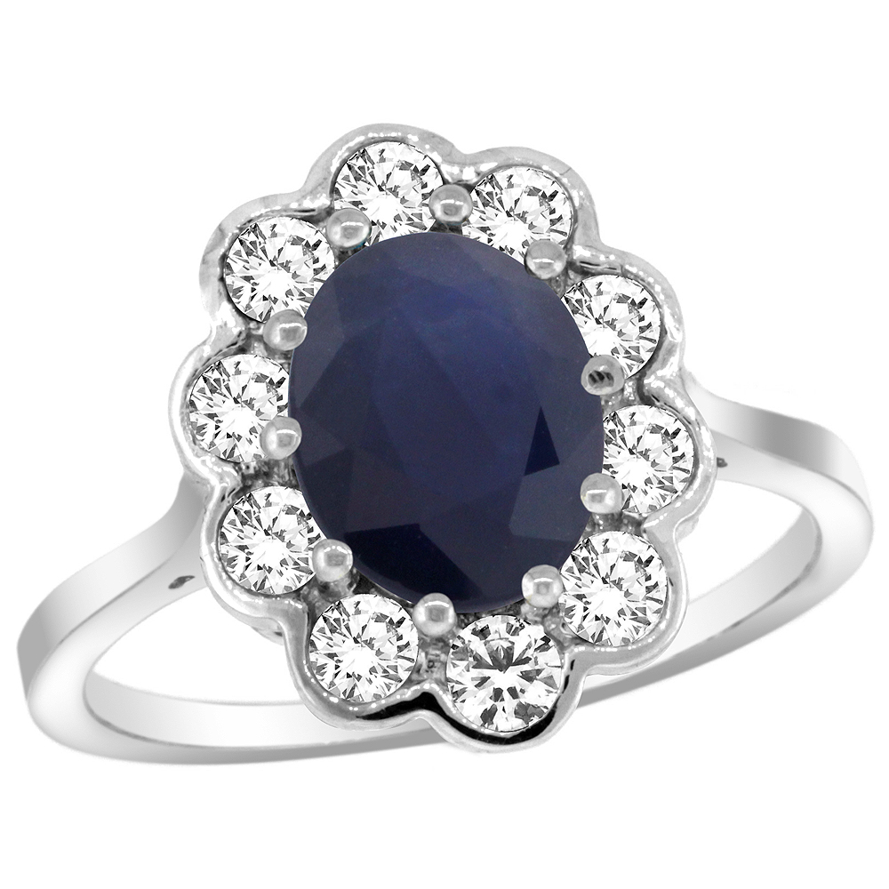 14k White Gold Halo Engagement Blue Sapphire Engagement Ring Diamond Accents Oval 9x7mm, sizes 5 - 10