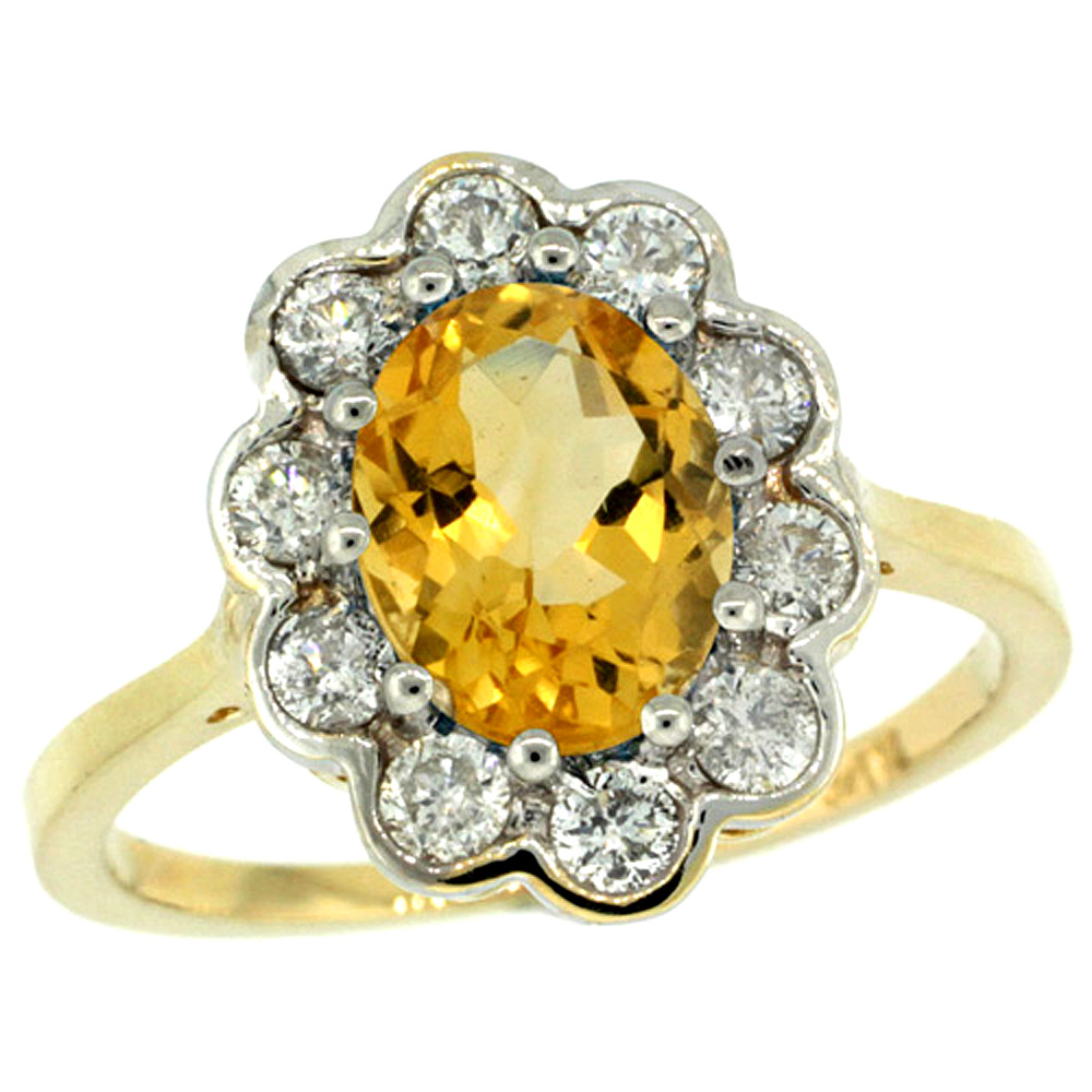 14k Yellow Gold Halo Engagement Citrine Engagement Ring Diamond Accents Oval 9x7mm, sizes 5 - 10