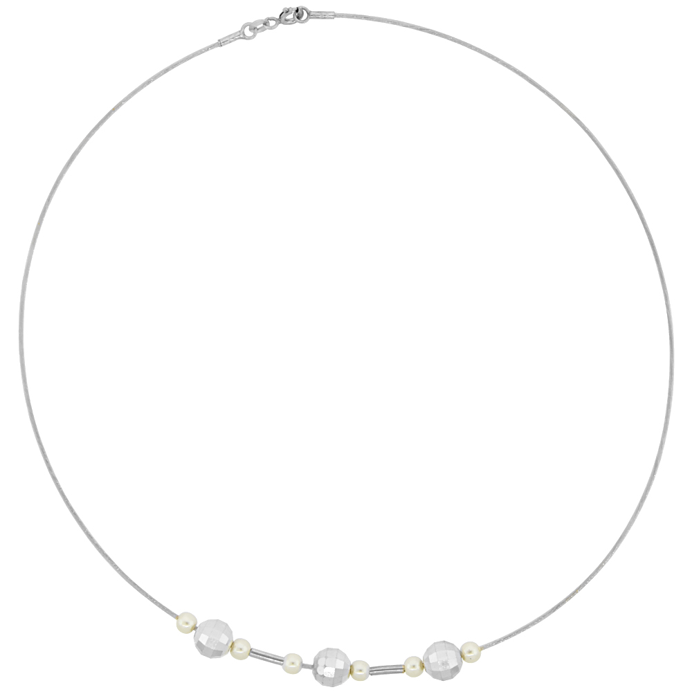 Sterling Silver Cable Wire Beaded Necklace for women Beads and Swarovski Pearls 5/16 inch wide