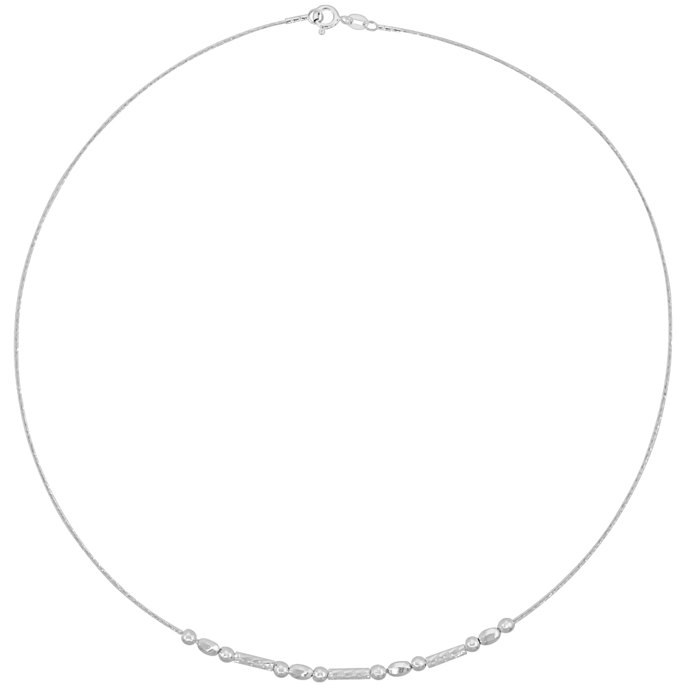 Sterling Silver Cable Wire Beaded Necklace for women Beads and Diamond cut Bars 1/8 inch wide