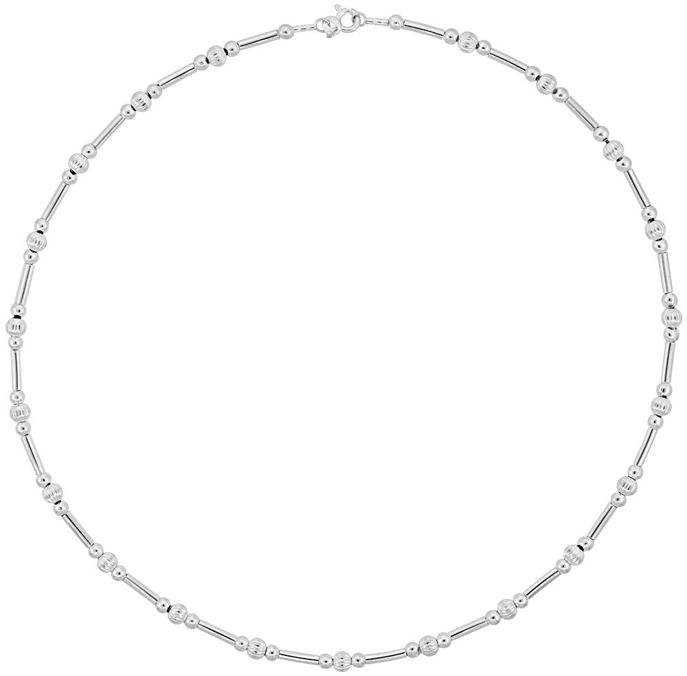 Sterling Silver Cable Wire Beaded Necklace for women Corugated Beads &amp; Bars all Around 5/32 inch wide