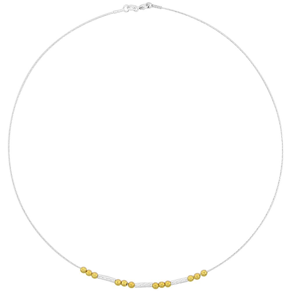 Sterling Silver Cable Wire Beaded Necklace for women Gold Plated Beads Diamond Cut Bars 1/8 inch
