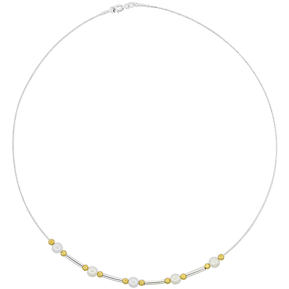 Sterling Silver Cable Wire Beaded Necklace for women Swarovski Pearls Bar Gold Plated Beads &amp; Bars 3/16 inch