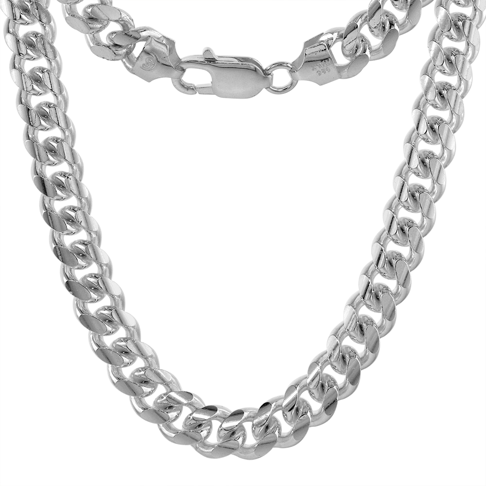 7mm Sterling Silver Miami Cuban Chain Link Necklaces &amp; Bracelets Domed Surface Rhodium, sizes 8 - 30 inch