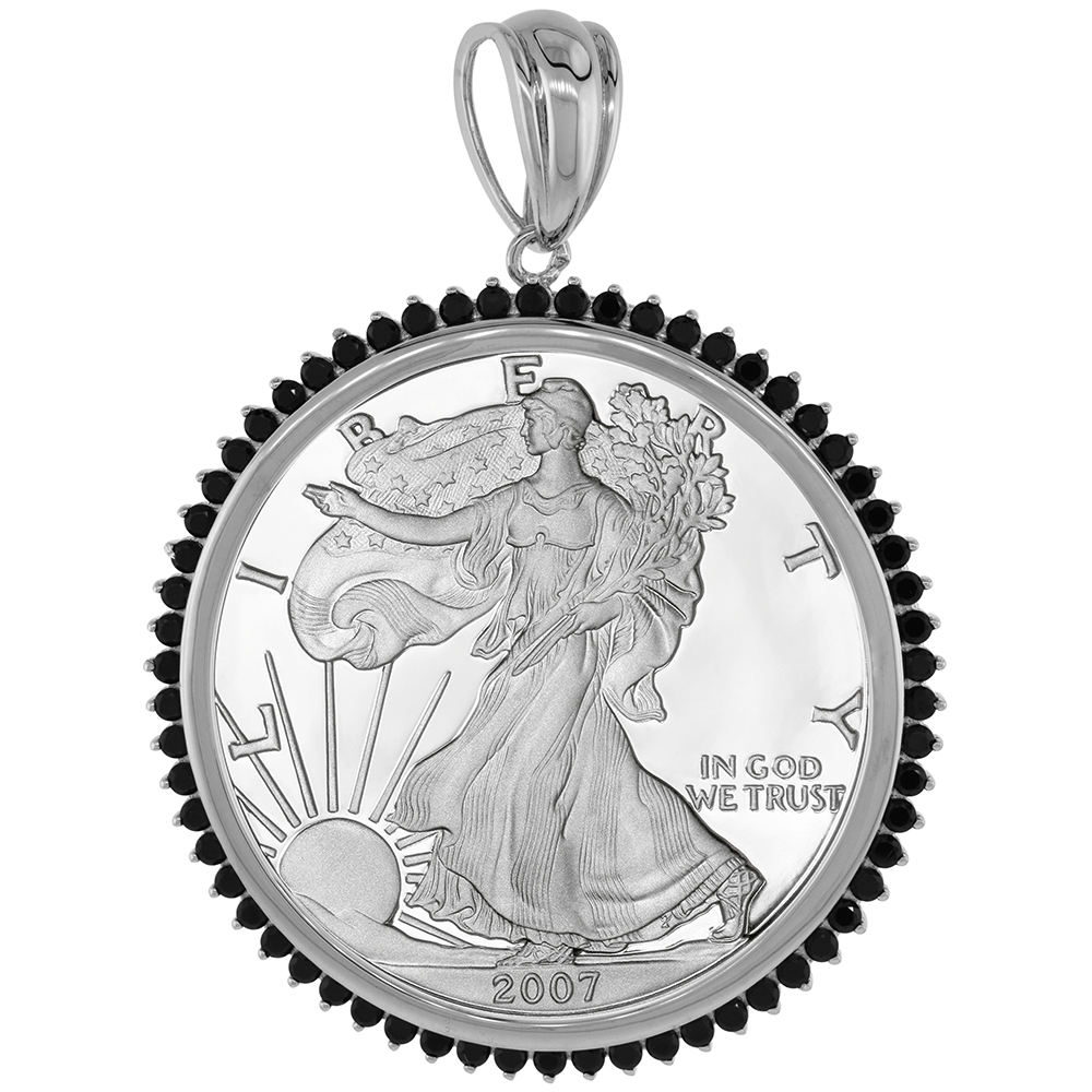 Sterling Silver Cubic Zirconia Silver Eagle Bezel Black CZ Halo 40.5 mm Coins Prong Back 1 oz Coin NOT Included