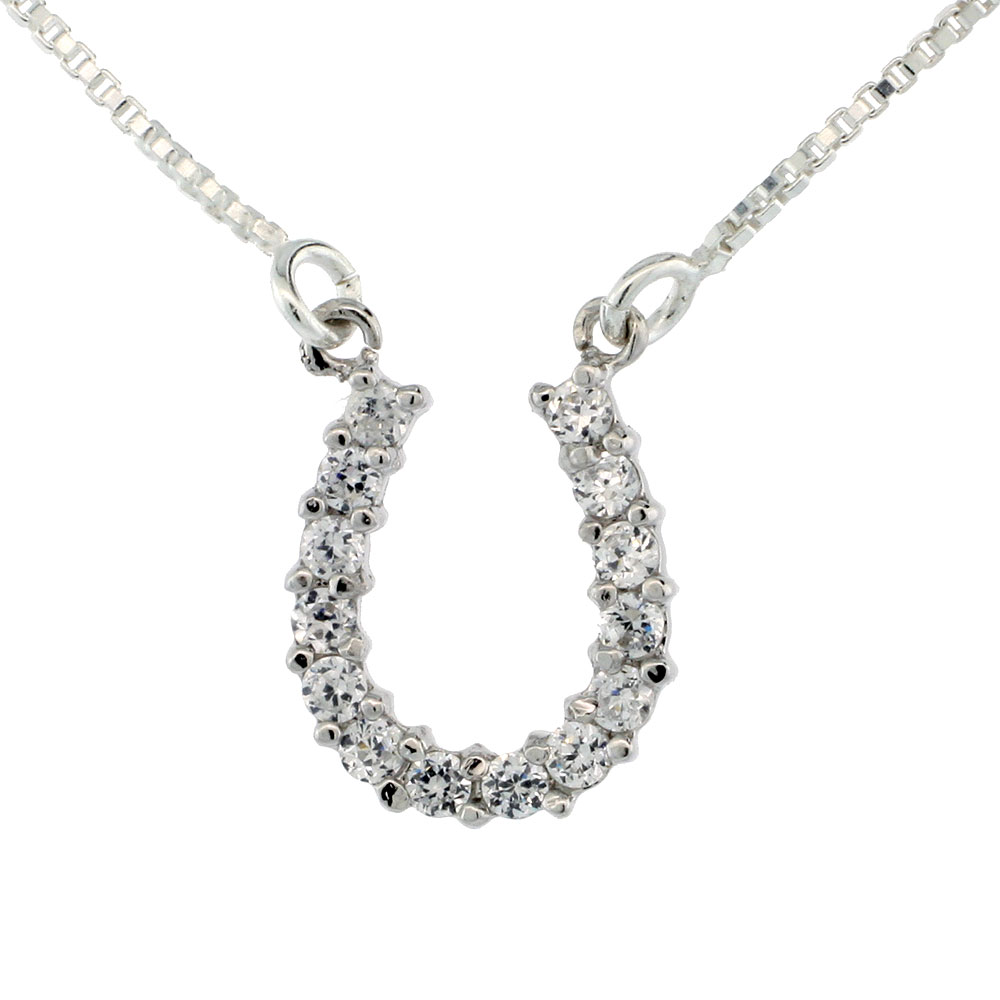 Sterling Silver Cubic Zirconia Horseshoe Box Chain Necklace, 7/16 inch wide