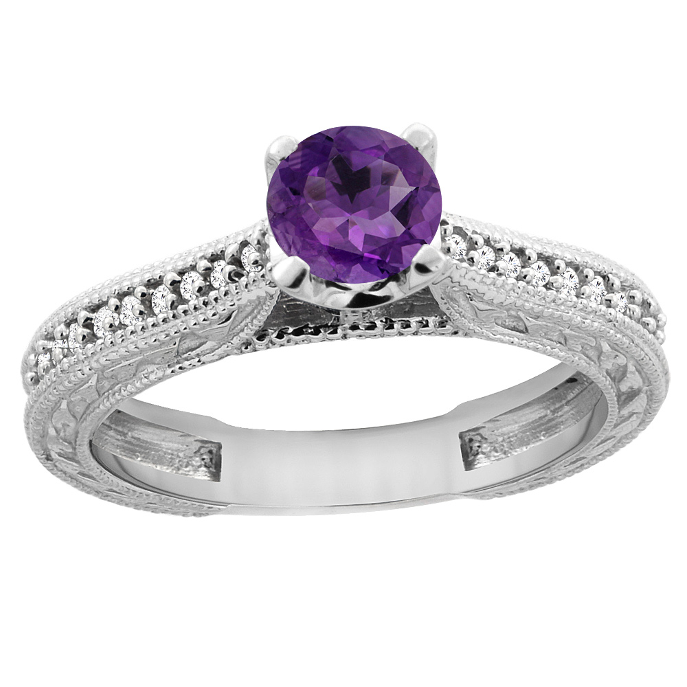 14K White Gold Natural Amethyst Round 5mm Engraved Engagement Ring Diamond Accents, sizes 5 - 10