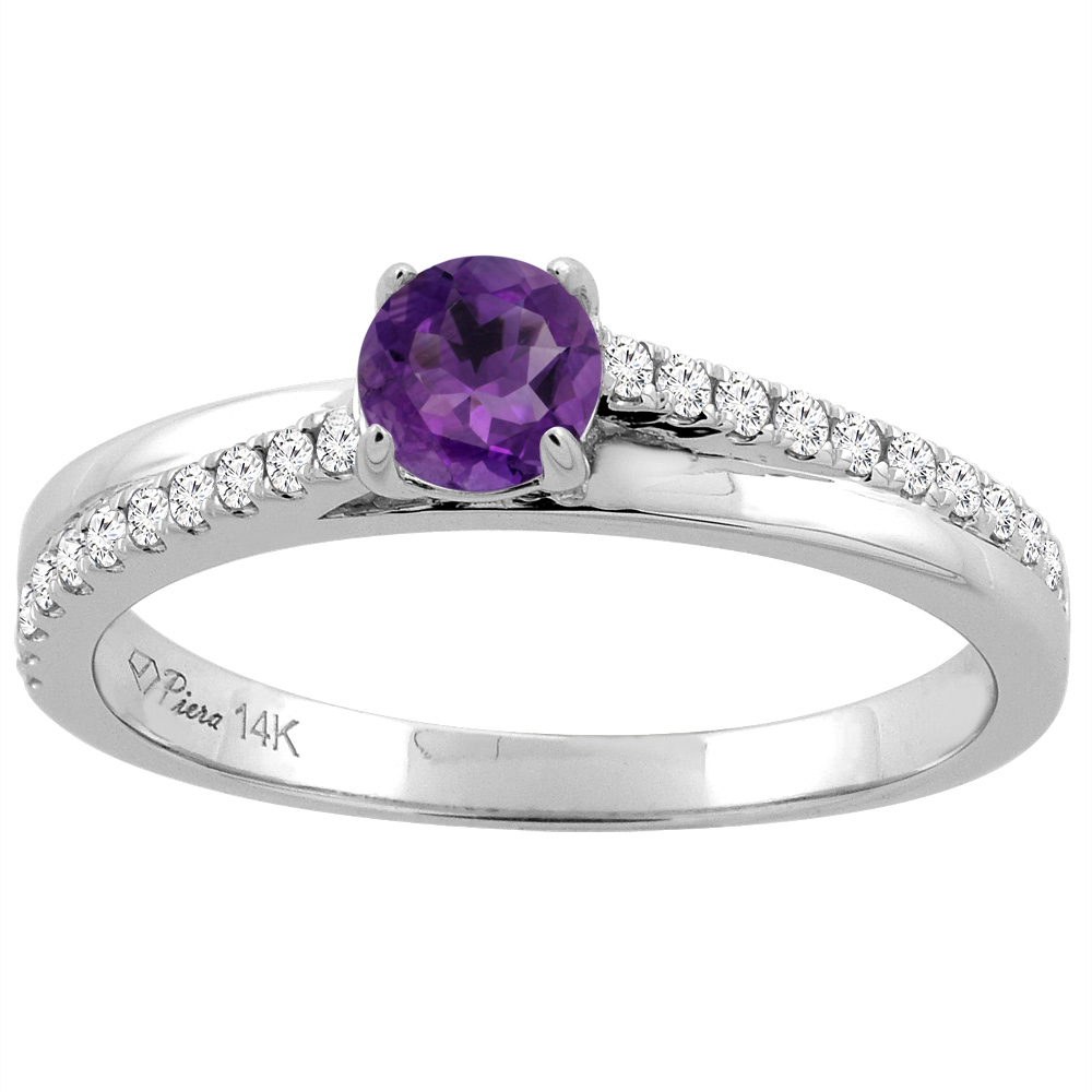 14K White Gold Natural Amethyst Engagement Ring Round 5 mm & Diamond Accents, sizes 5 - 10