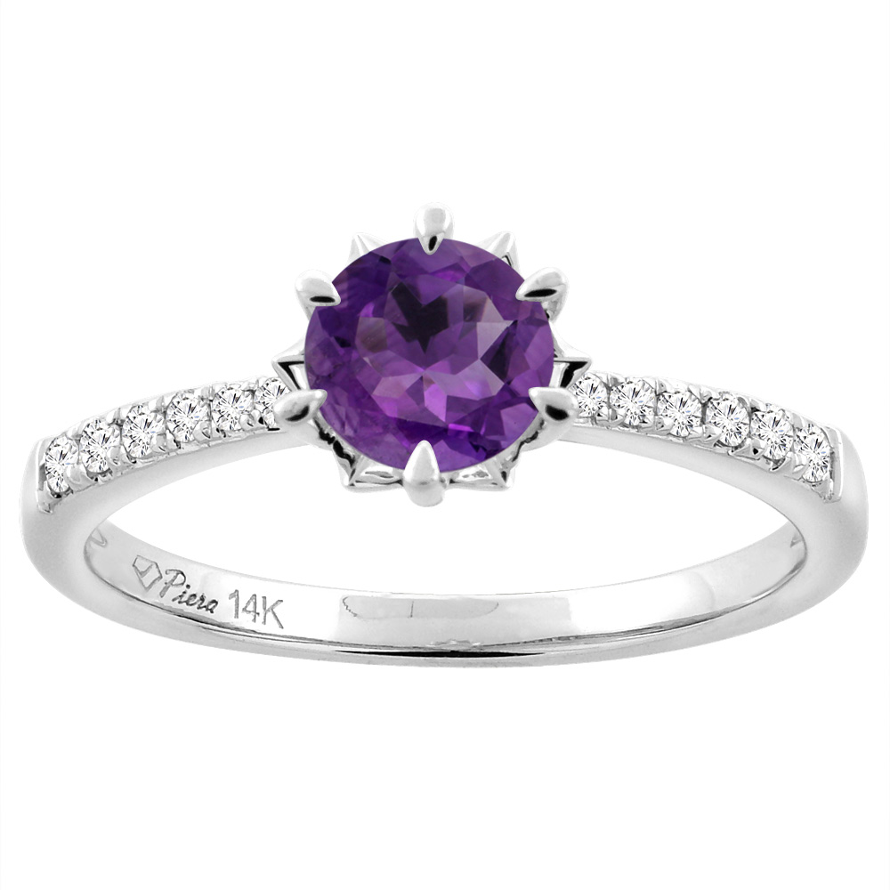 14K White Gold Natural Amethyst Engagement Ring Round 6 mm & Diamond Accents, sizes 5 - 10