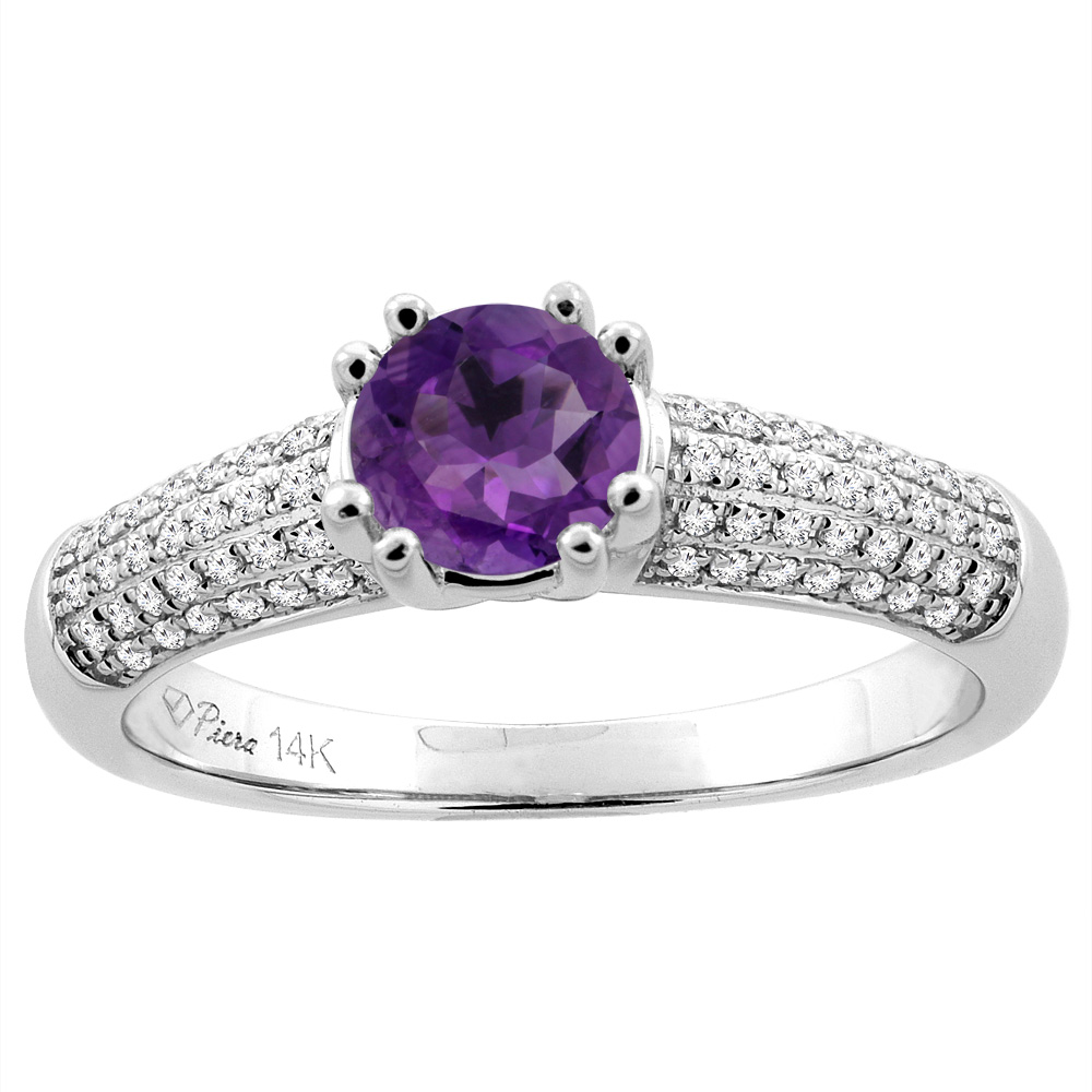 14K White Gold Natural Amethyst Engagement Ring Round 6 mm & Diamond Accents, sizes 5 - 10