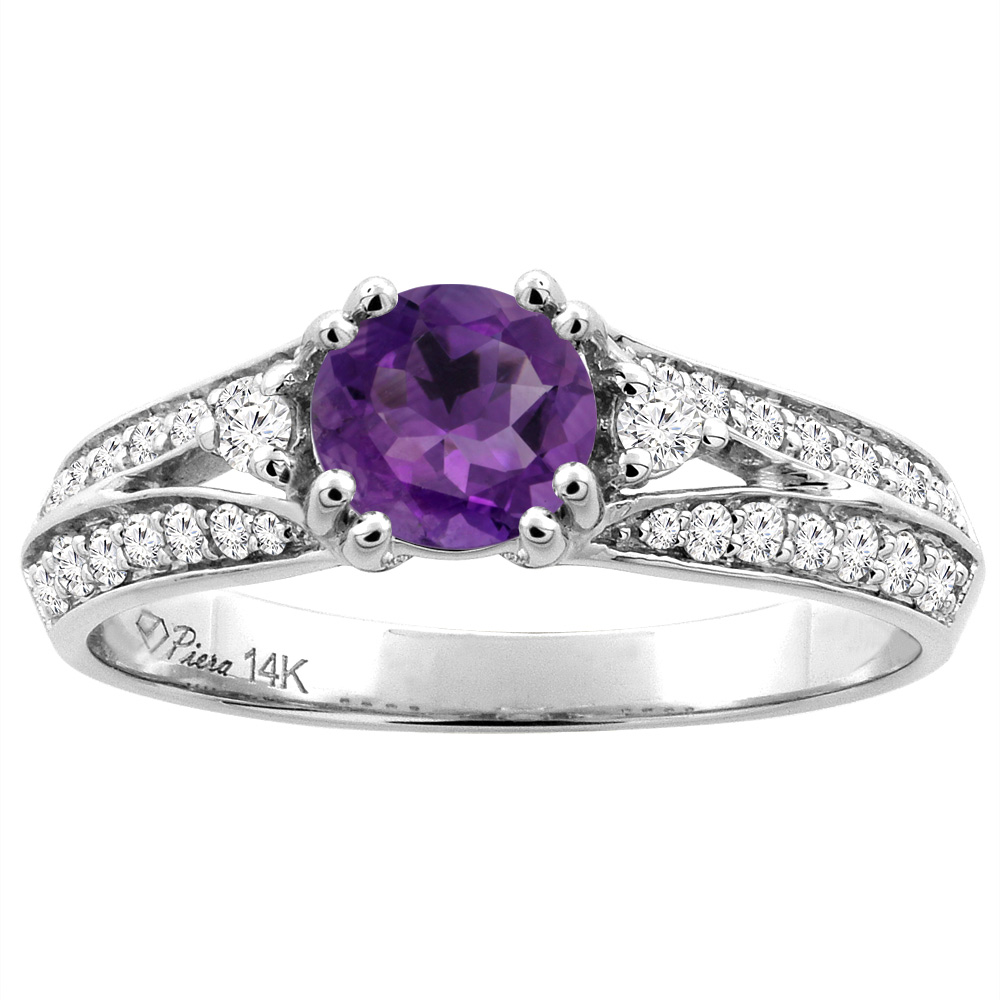 14K White Gold Natural Amethyst Engagement Ring Round 6 mm & Diamond Accents, sizes 5 - 10