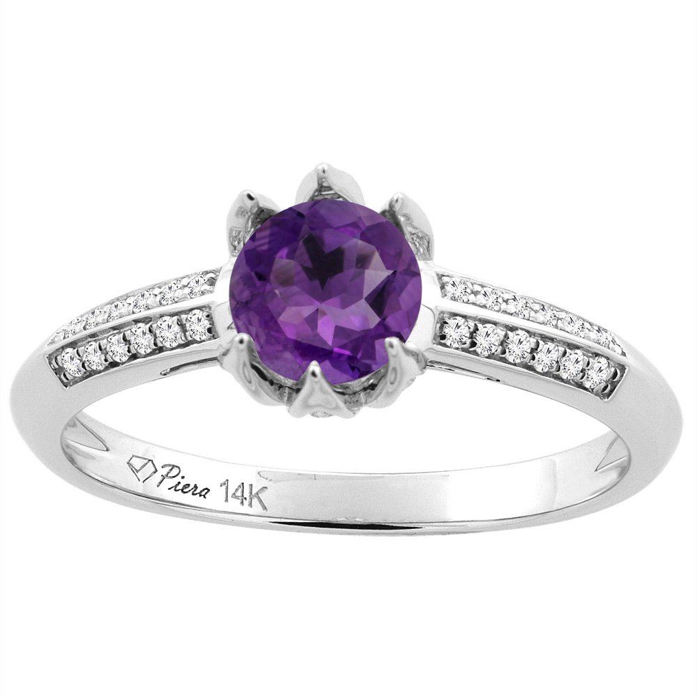 14K White Gold Natural Amethyst Engagement Ring Round 6 mm & Diamond Accents, sizes 5 - 10