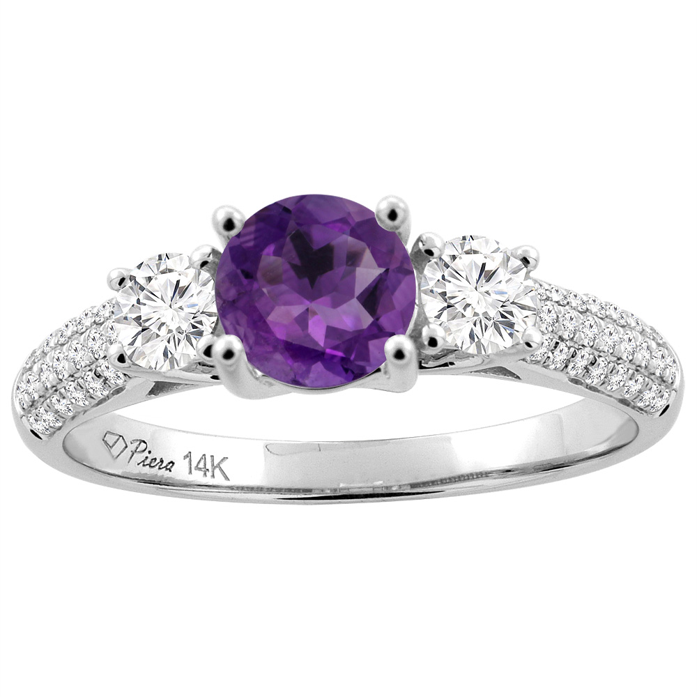 14K White Gold Natural Amethyst Engagement Ring Round 6 mm & Diamond Accents, sizes 5 - 10