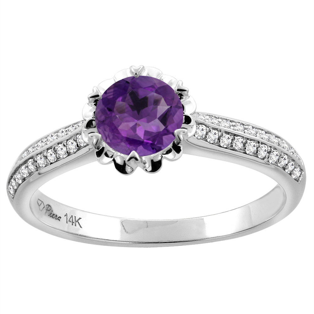 14K White Gold Natural Amethyst Engagement Ring Round 6 mm & Diamond Accents, sizes 5 - 10