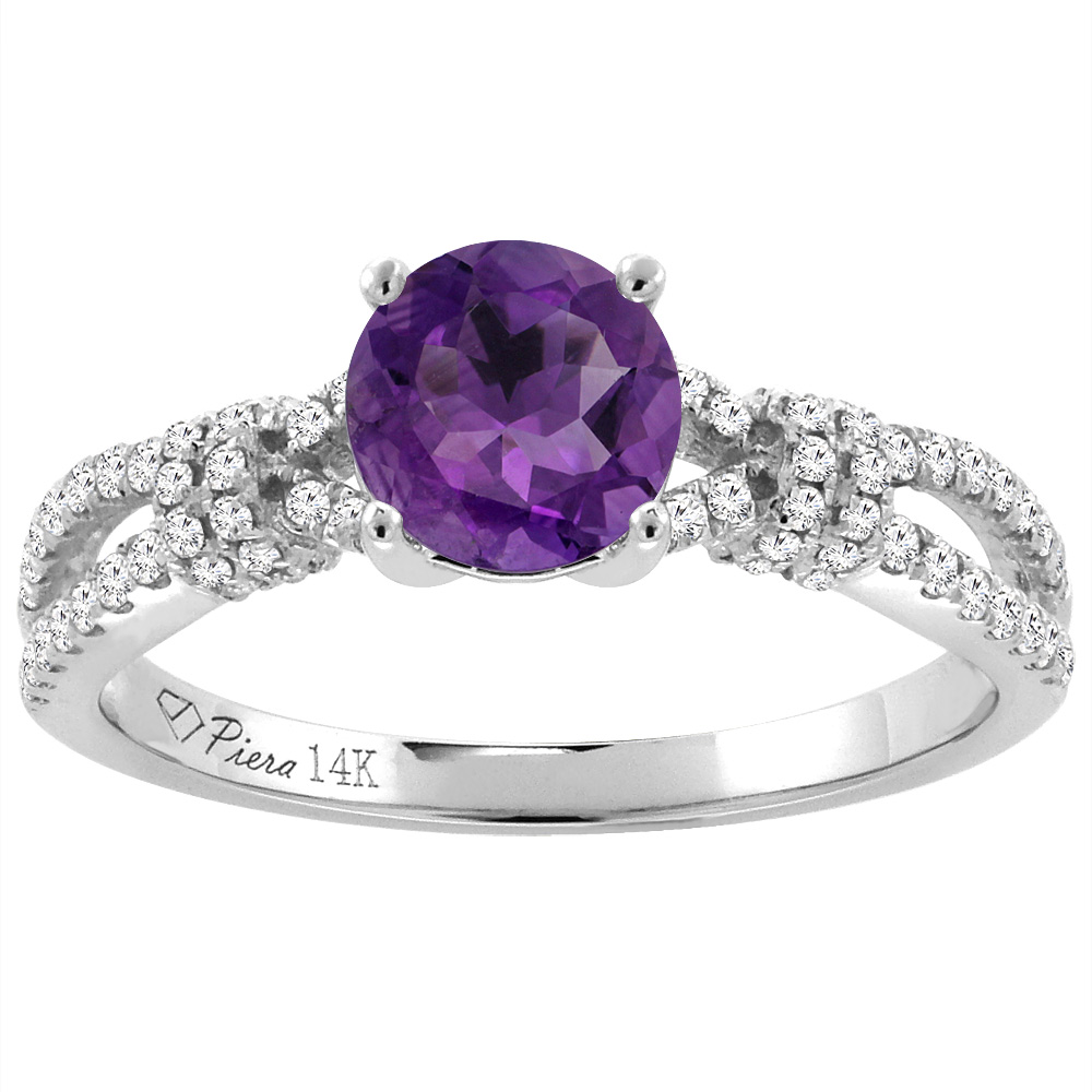 14K White Gold Diamond Natural Amethyst Engagement Ring Round 7 mm, sizes 5-10