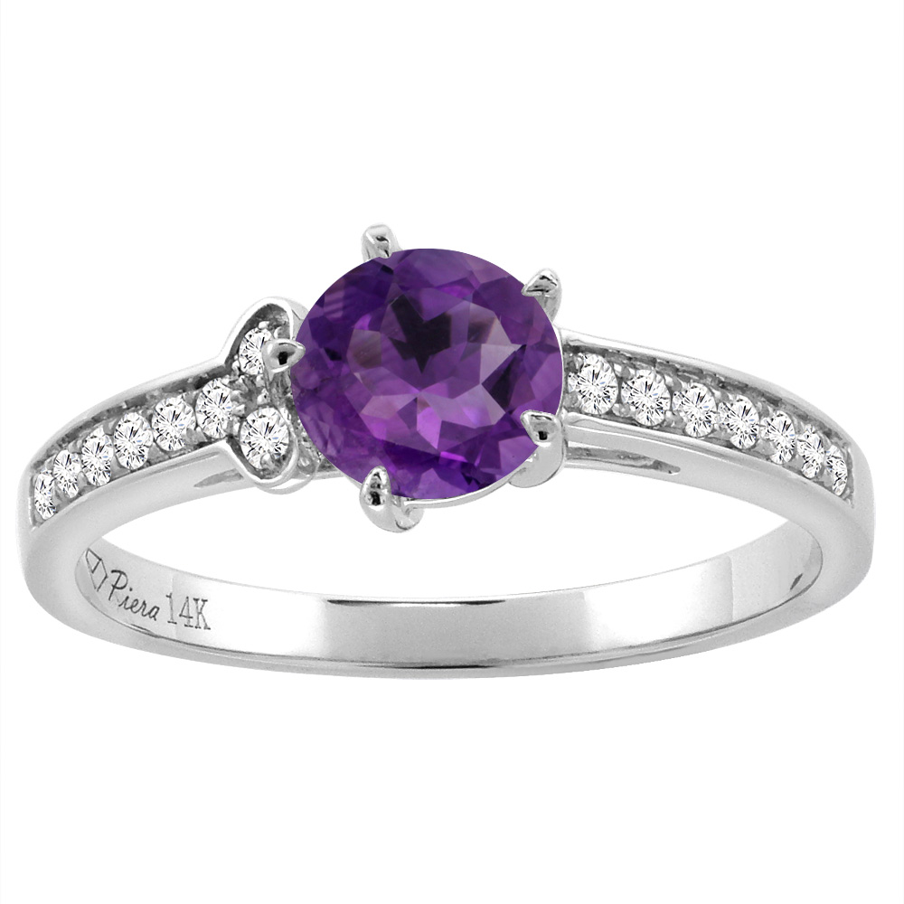 14K White Gold Diamond Natural Amethyst Engagement Ring Round 7 mm, sizes 5-10