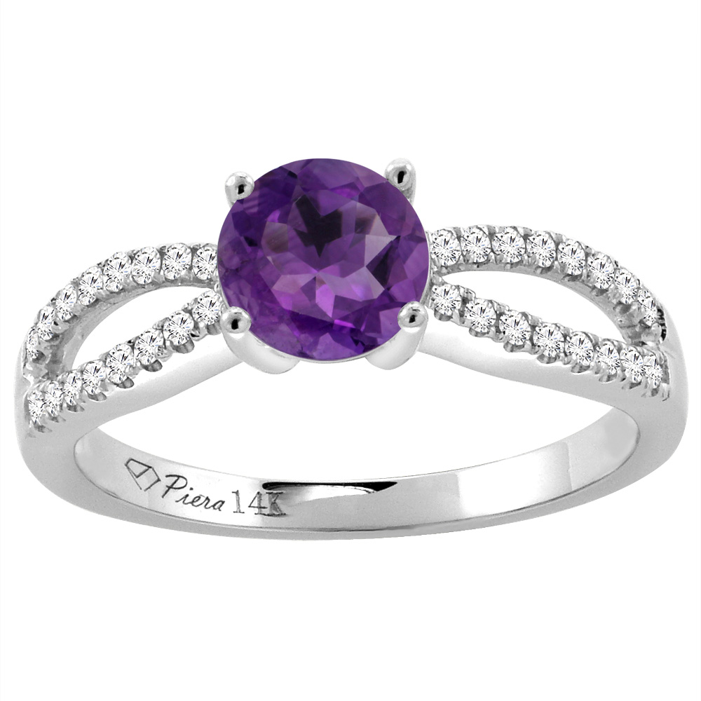 14K White Gold Diamond Natural Amethyst Engagement Ring Round 7 mm, sizes 5-10