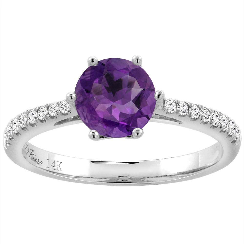 14K White Gold Diamond Natural Amethyst Engagement Ring Round 7 mm, sizes 5-10