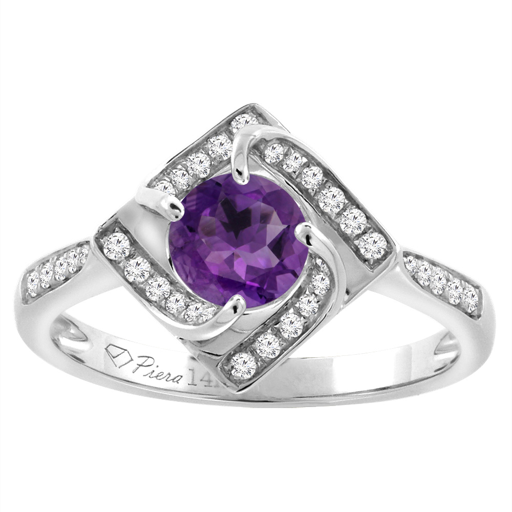 14K White Gold Diamond Natural Amethyst Engagement Ring Round 7 mm, sizes 5-10