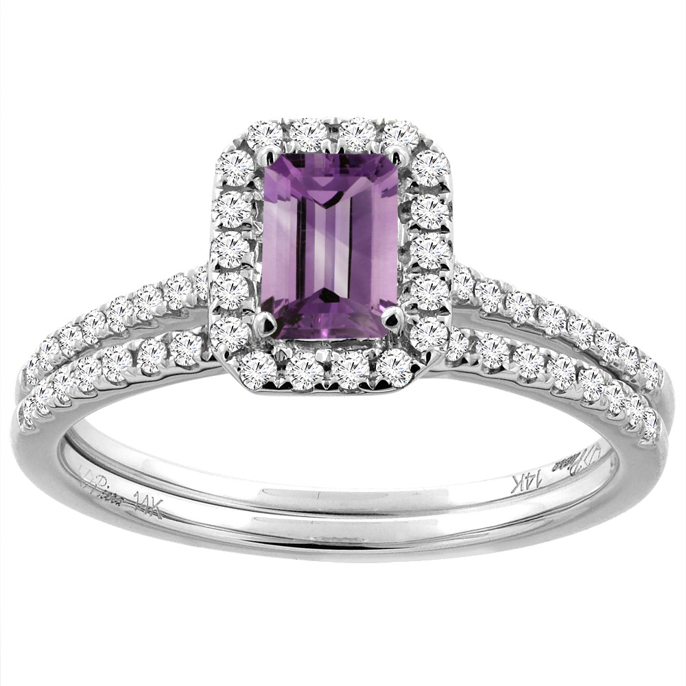 14K White/Yellow Gold Diamond Halo Natural Amethyst 2pc Engagement Ring Set Octagon 7x5 mm, sizes 5-10