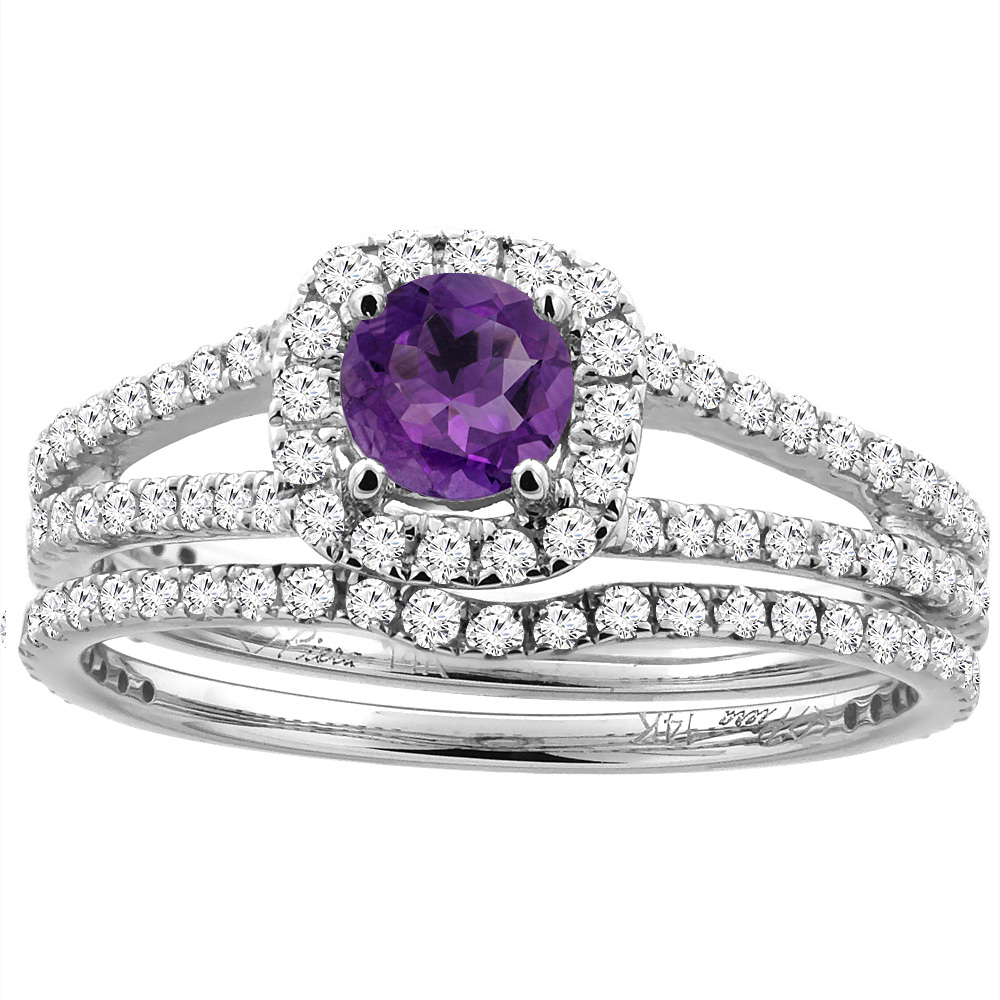 14K White Gold Diamond Halo Natural Amethyst 2pc Engagement Ring Set Round 5 mm, sizes 5-10