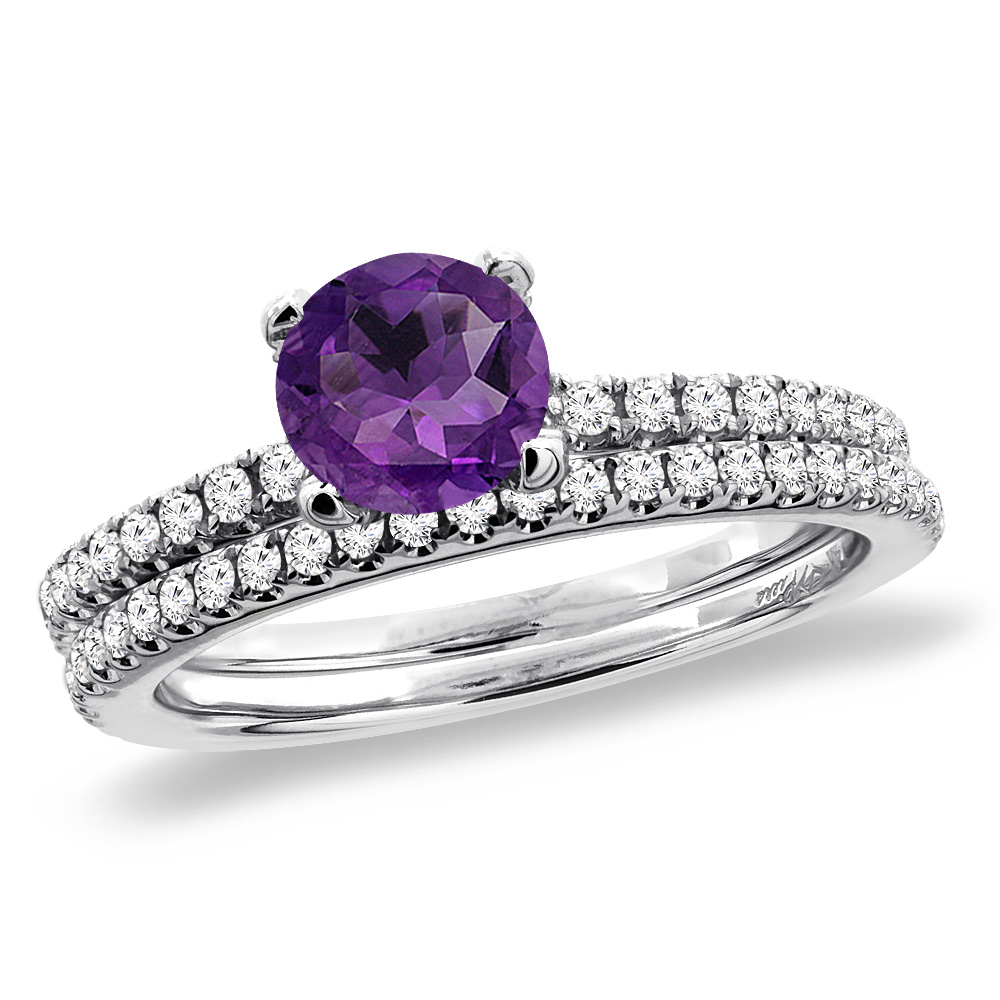 14K White Gold Diamond Natural Amethyst 2pc Engagement Ring Set Round 5 mm, sizes 5-10