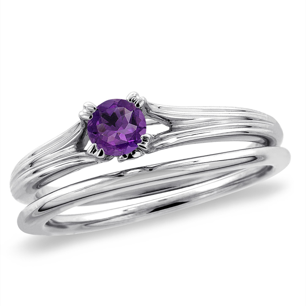 14K White Gold Diamond Natural Amethyst 2pc Solitaire Engagement Ring Set Round 5 mm, sizes 5 -10