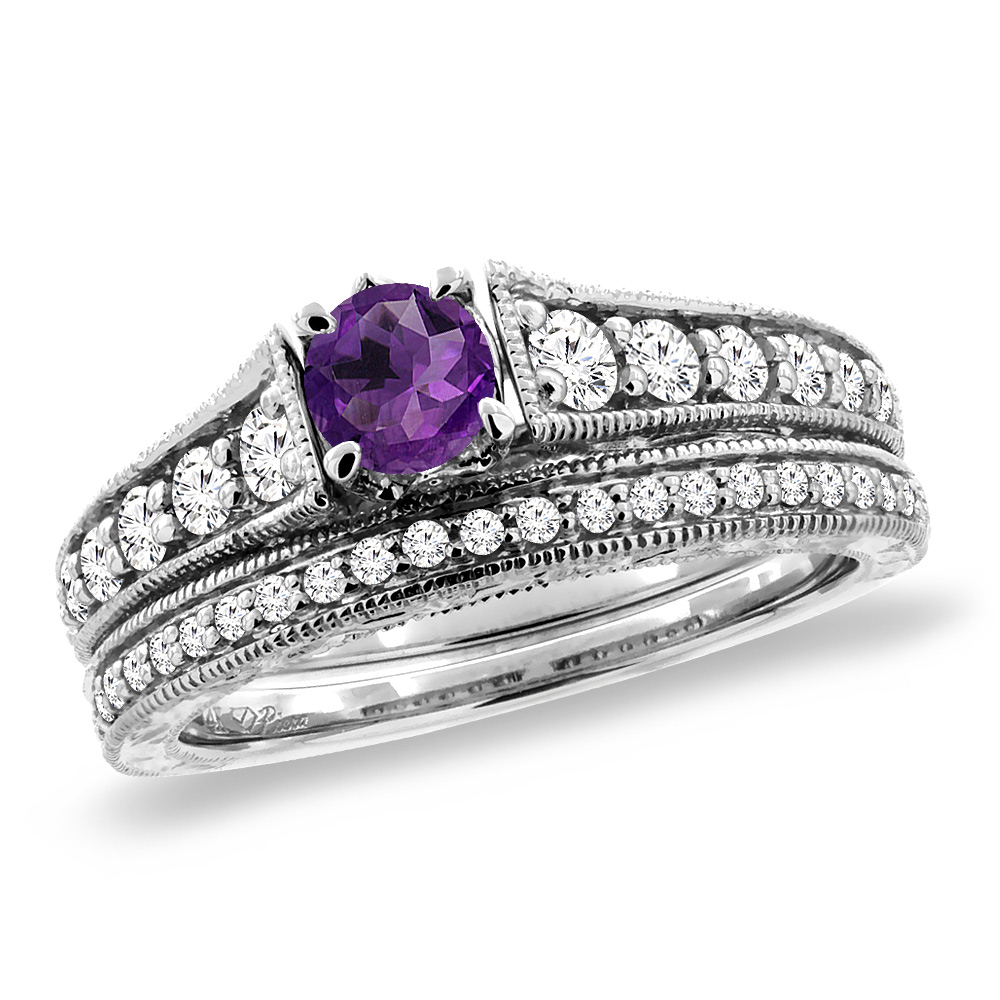 14K White Gold Diamond Natural Amethyst 2pc Engagement Ring Set Round 5 mm, sizes 5-10