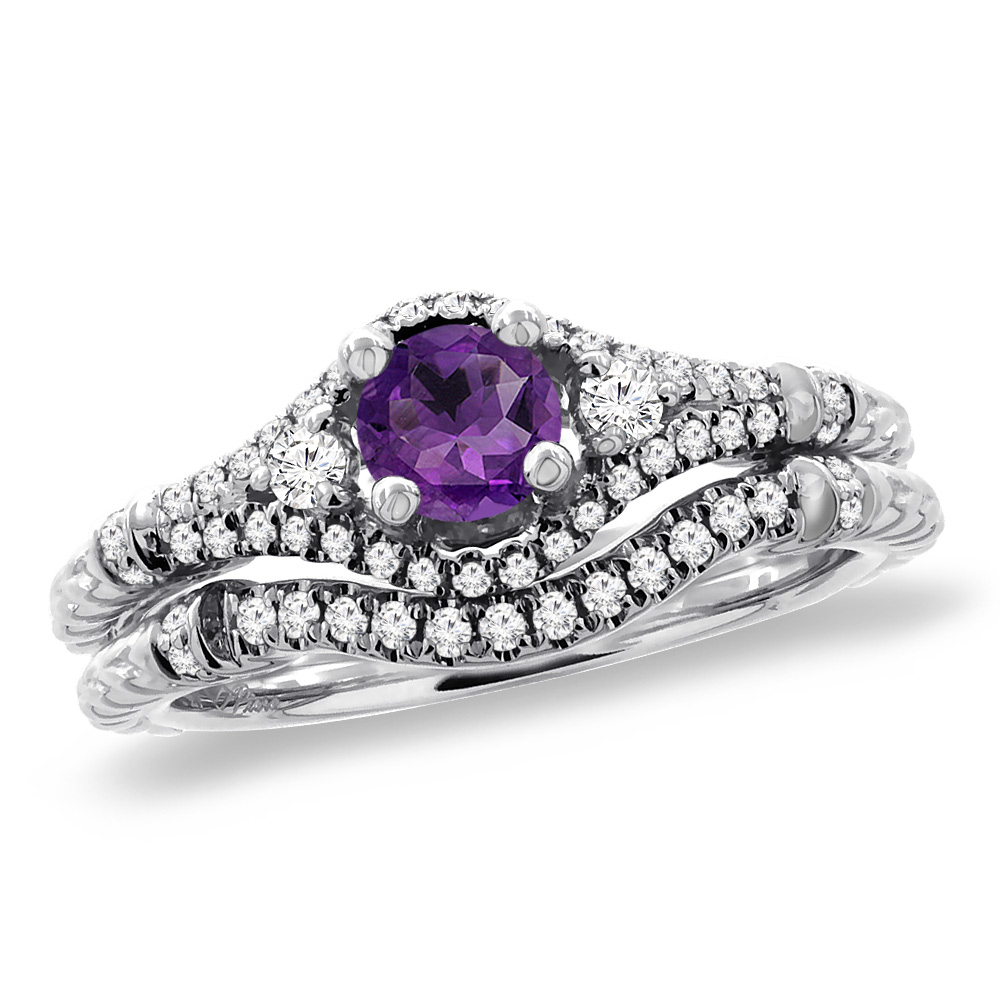 14K White Gold Diamond Natural Amethyst 2pc Engagement Ring Set Round 4 mm, sizes 5 -10