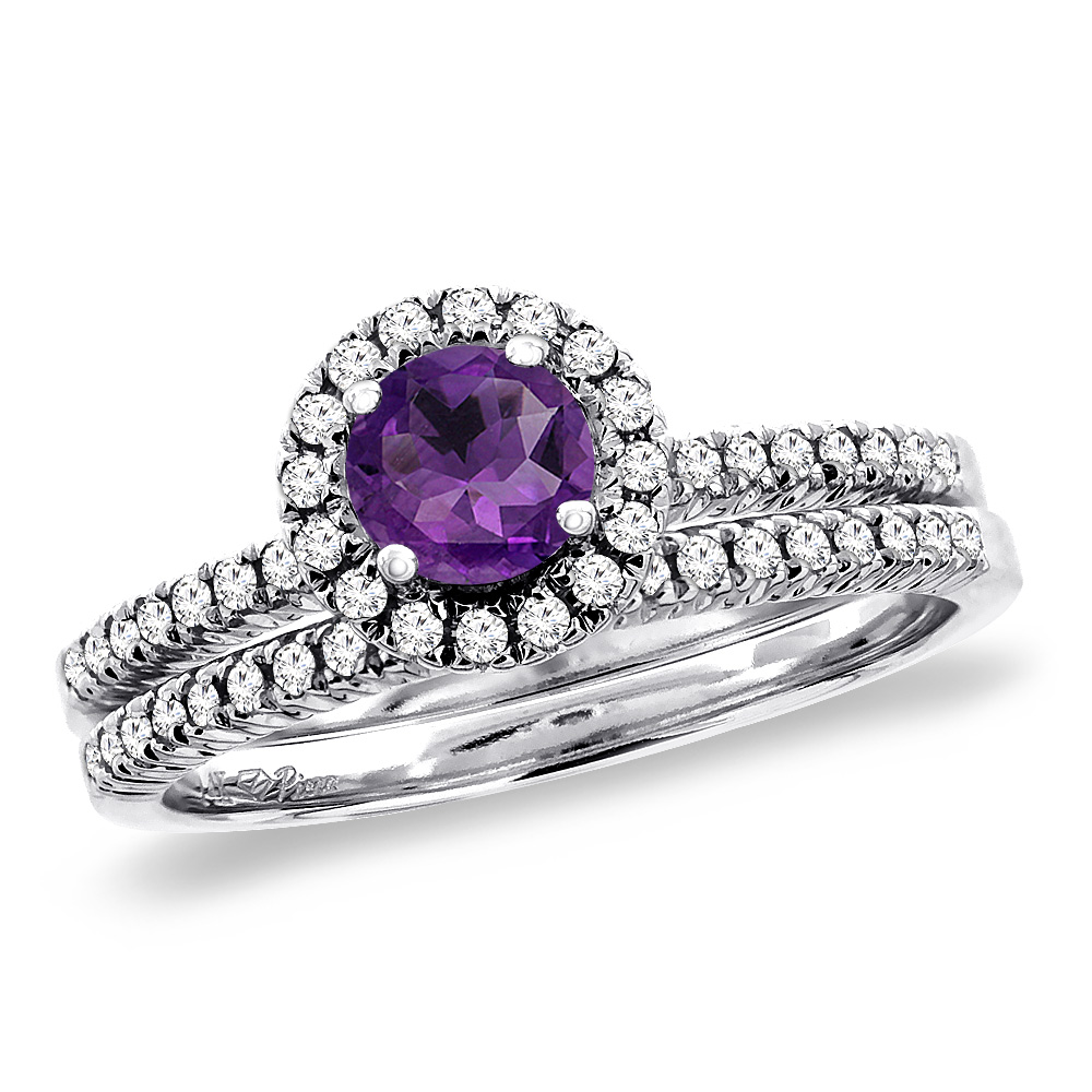 14K White Gold Diamond Natural Amethyst 2pc Halo Engagement Ring Set Round 4 mm, sizes 5 -10