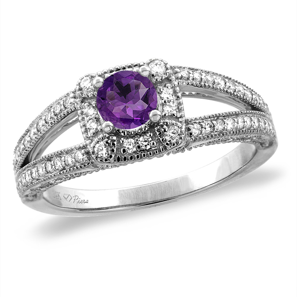 14K White/Yellow Gold Diamond Natural Amethyst Halo Engagement Ring Split Shank Round 4 mm, sizes 5 -10