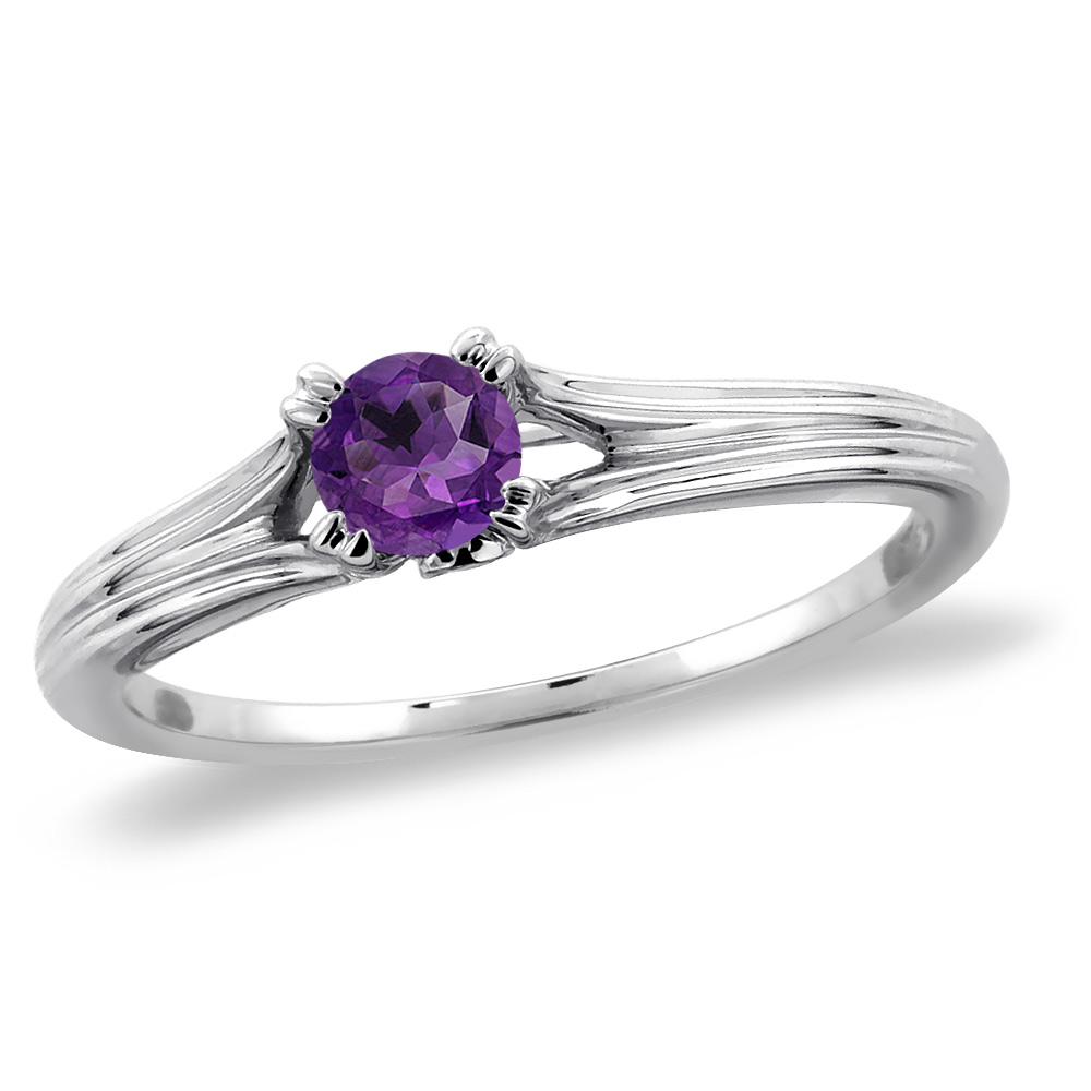 14K White Gold Diamond Natural Amethyst Solitaire Engagement Ring Round 6 mm, sizes 5 -10