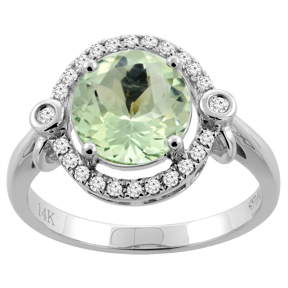 14K White Gold Diamond Natural Green Amethyst Engagement Ring Oval 10x8mm, sizes 5-10