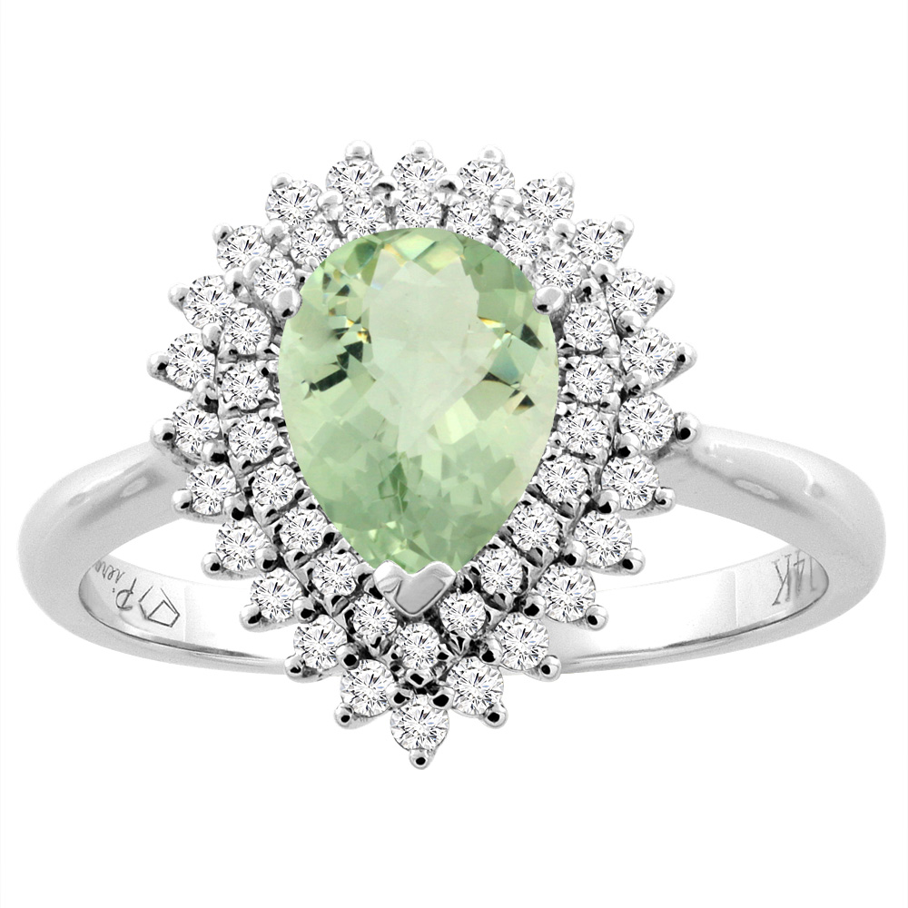 14K Gold Natural Green Amethyst Ring Pear Shape 8x6 mm Diamond Accents, sizes 5 - 10