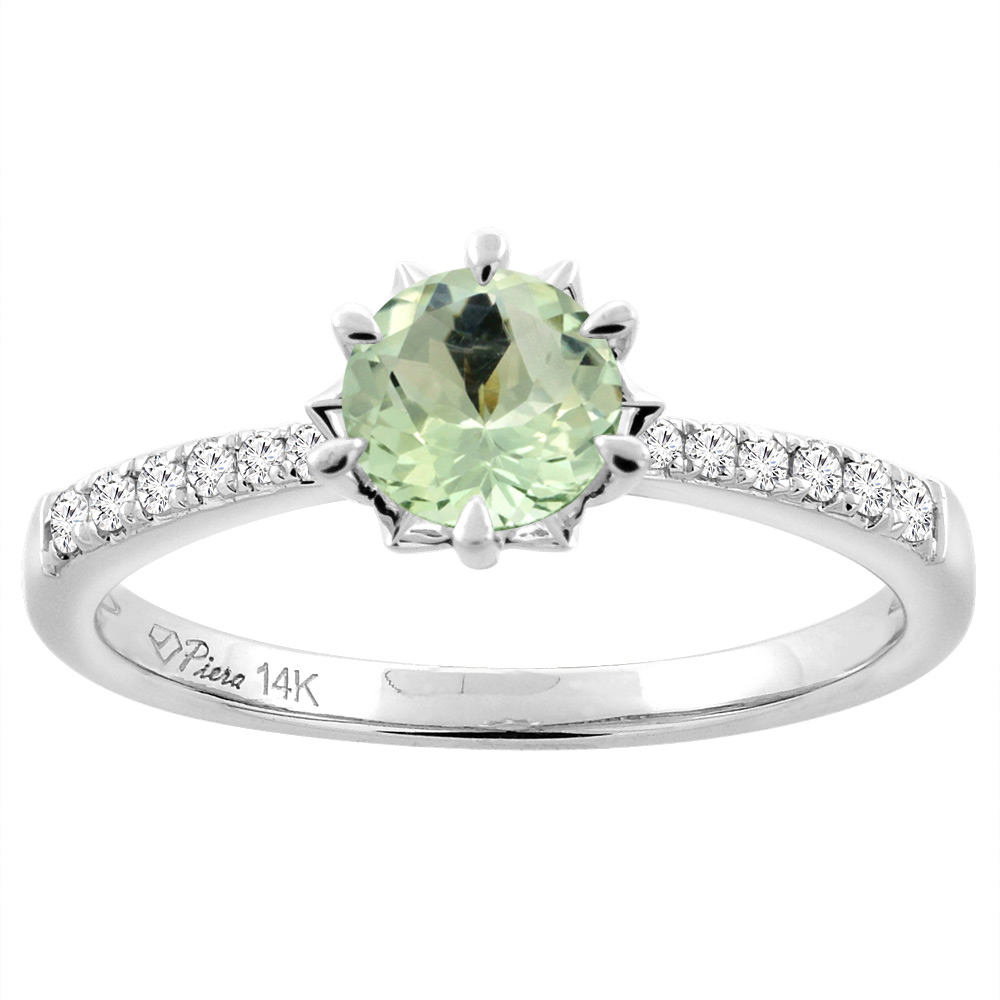 14K White Gold Natural Green Amethyst Engagement Ring Round 6 mm & Diamond Accents, sizes 5 - 10