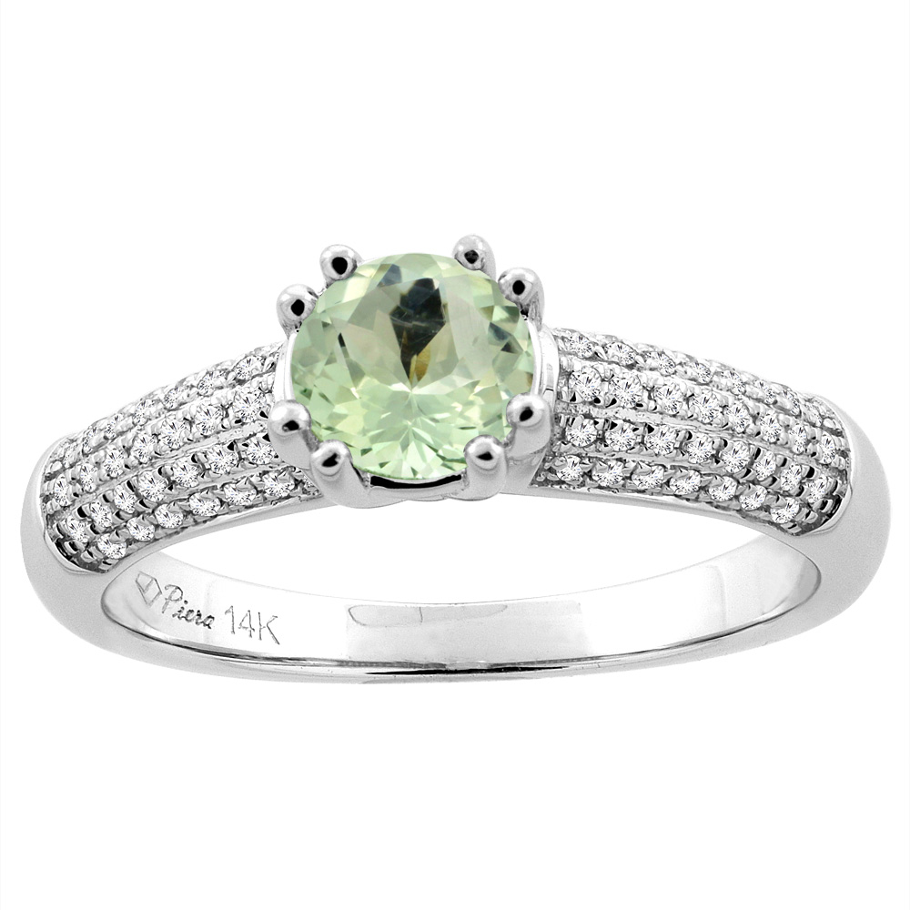 14K White Gold Natural Green Amethyst Engagement Ring Round 6 mm &amp; Diamond Accents, sizes 5 - 10