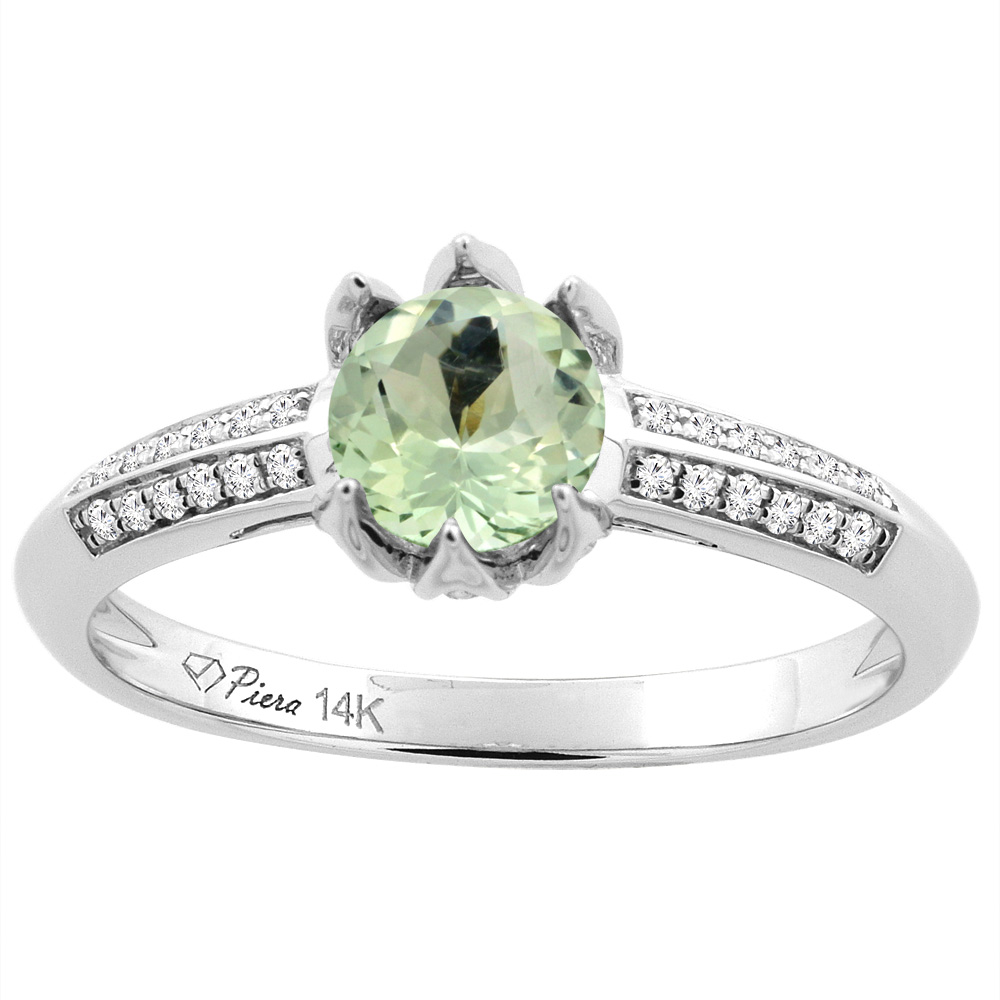 14K White Gold Natural Green Amethyst Engagement Ring Round 6 mm &amp; Diamond Accents, sizes 5 - 10